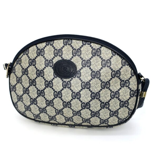 Vintage Gucci GG Leather Crossbody Bag Navy Blue Web Monogram Oval Purse - Picture 1 of 11